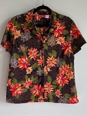 100% Cotton Eyelet Button Down Polo with Oriental Floral Print by Pappagallo